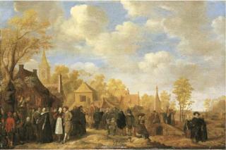 Jan Miense Molenaer - A village landscape with crowds gathering around quack doctors