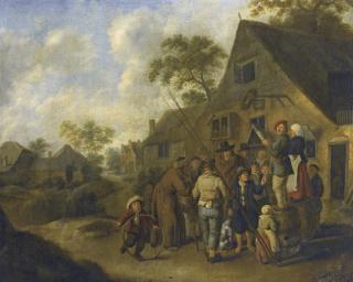Jan Miense Molenaer - A Village Street With Villagers Gathered Around Two Figures Proclaiming News, Standing On Barrels Outside An Inn