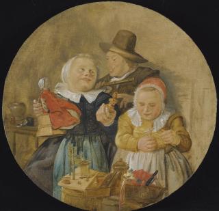 Jan Miense Molenaer - An Interior With A Man Holding A Flute, And Two Children Playing With Their Toys