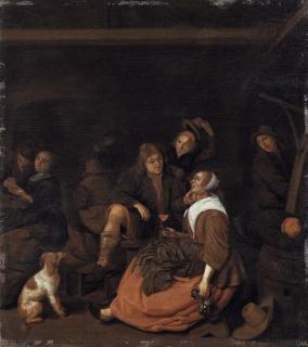 Jan Miense Molenaer - The interior of an inn with a young man courting a lady and peasants drinking