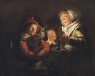 Jan Miense Molenaer - Two girls and a boy with a dog by candle light