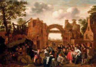 Jan Miense Molenaer - Villagers merrymaking and playing La main chaude amongst ruins