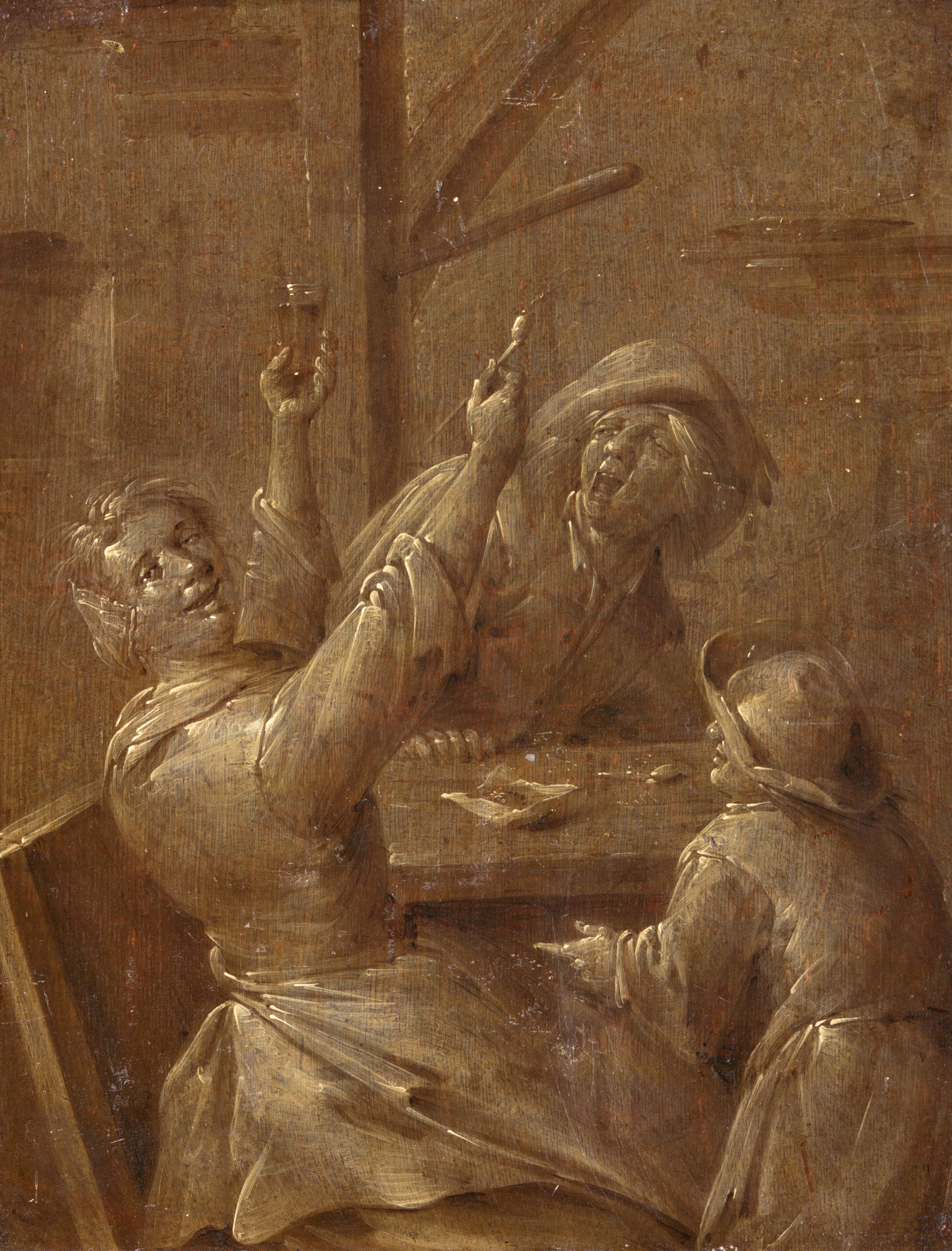 Jan Miense Molenaer - Zwei Grisaillen mit jeweils einer Dreiergruppe trinkender und rauchender Figuren