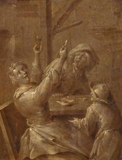 Jan Miense Molenaer - Zwei Grisaillen mit jeweils einer Dreiergruppe trinkender und rauchender Figuren