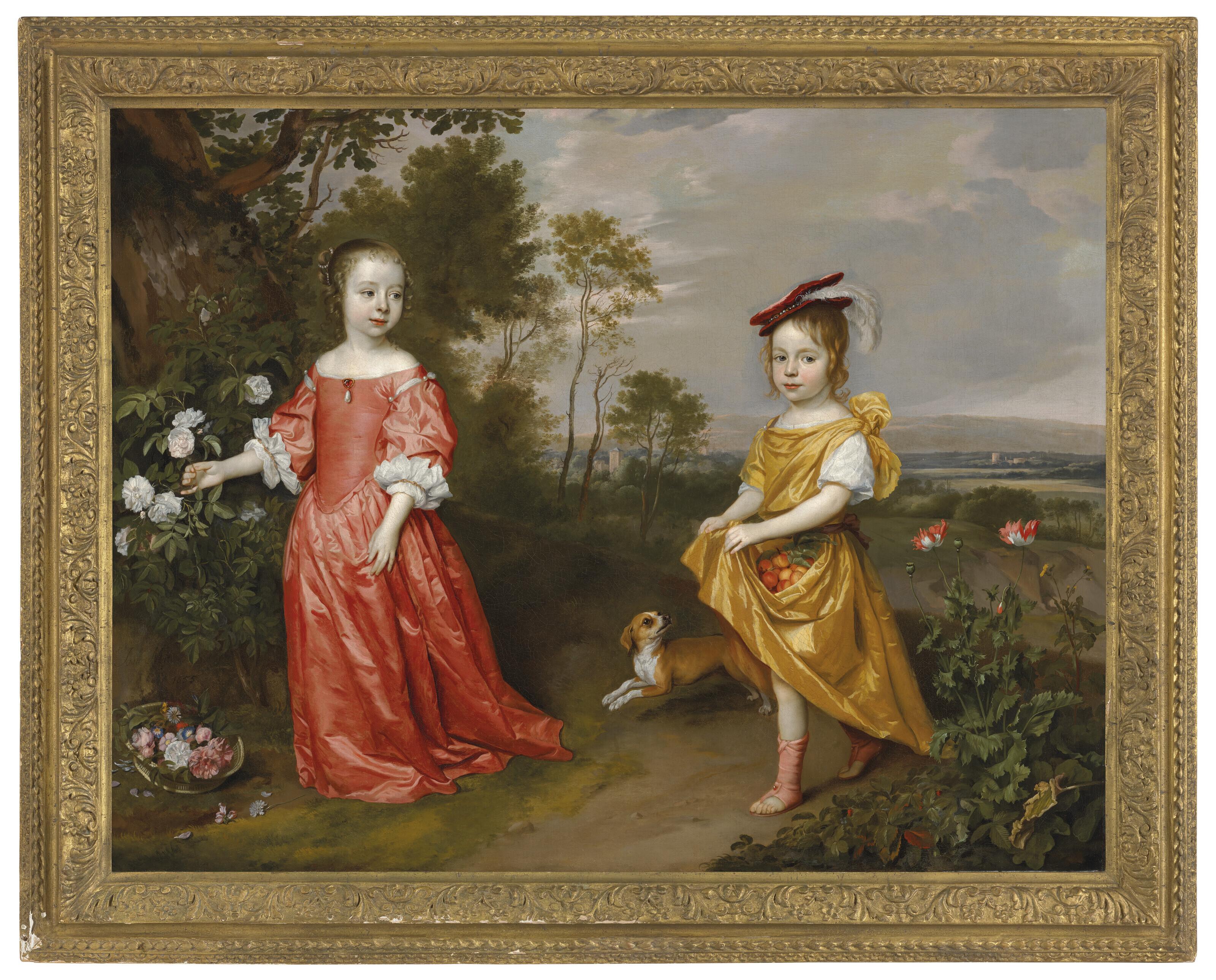 Jan Mijtens - Double portrait of two children in a landscape, a dog at their side