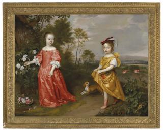 Jan Mijtens - Double portrait of two children in a landscape, a dog at their side