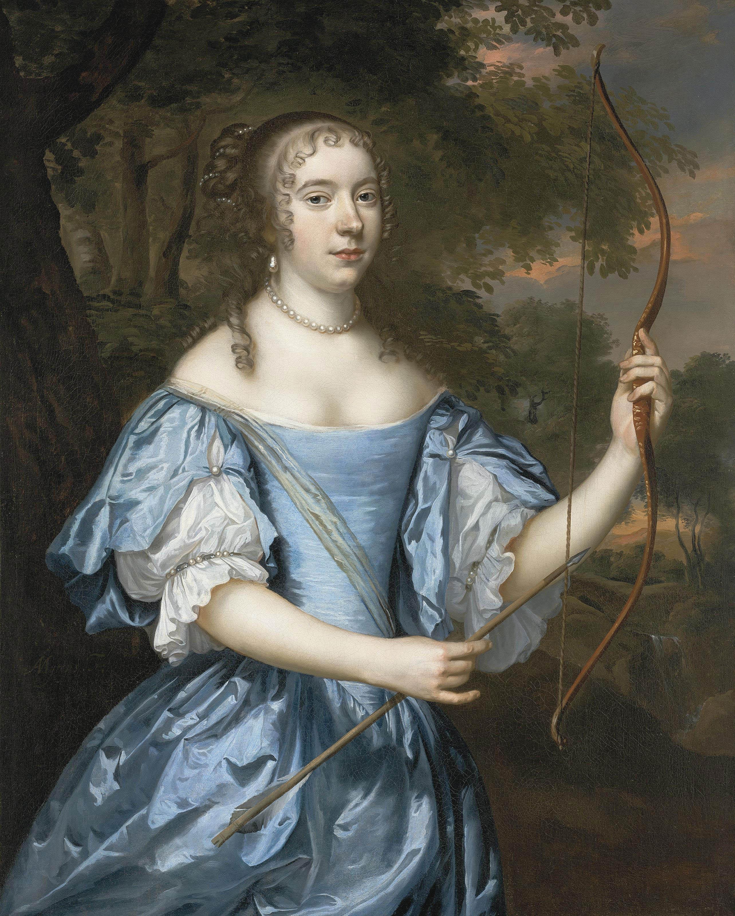 Jan Mijtens - Portrait of a lady as Diana, three-quarter-length, in a blue dress with pearls, holding a bow in her left hand and an arrow in her right, in a landscape