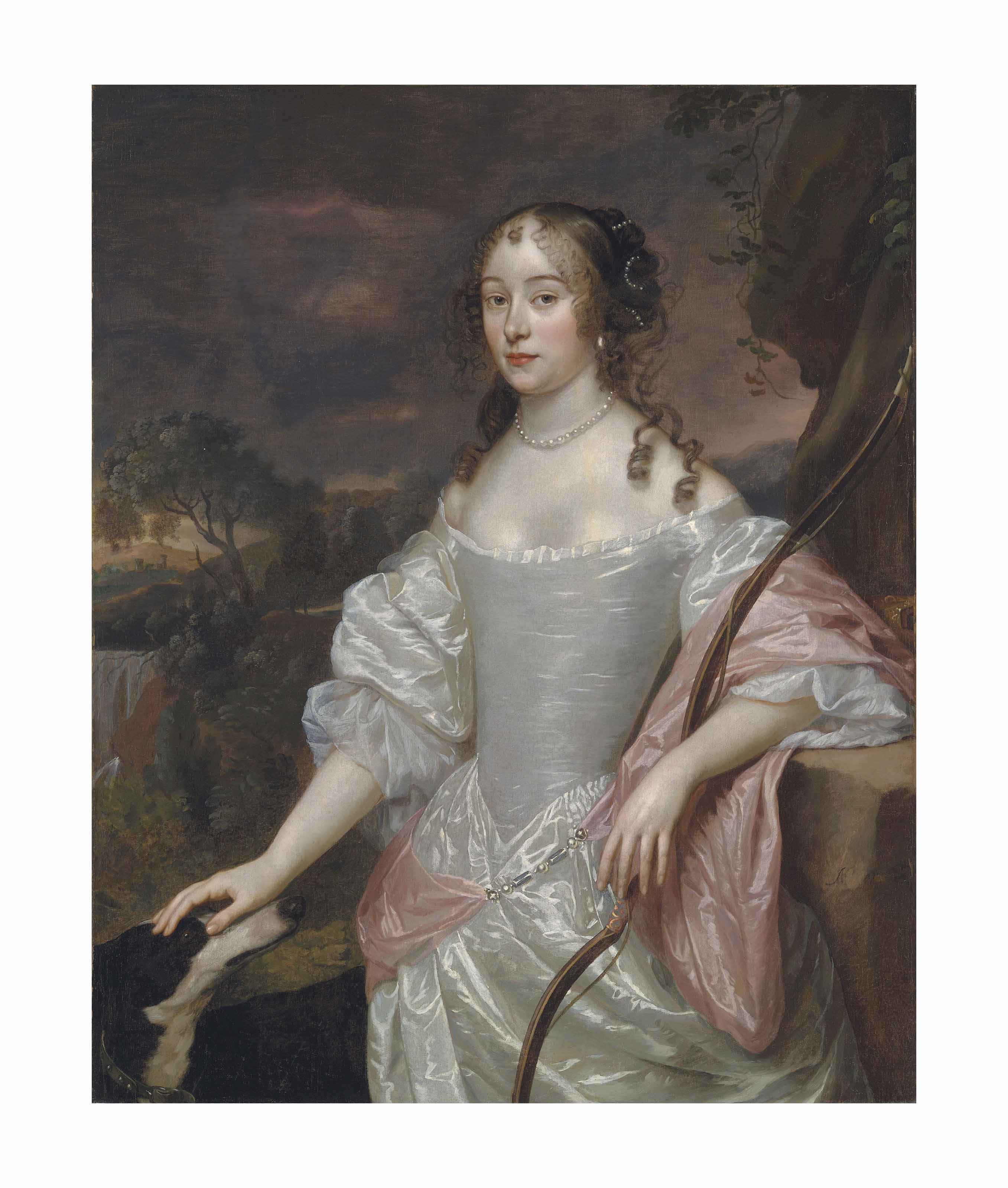 Jan Mijtens - Portrait of a lady as Diana, three-quarter-length, in an oyster satin dress, a bow in her left hand, her right resting on a hound\'s head, in a landscape
