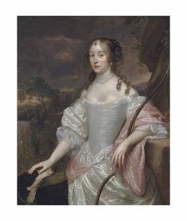 Jan Mijtens - Portrait of a lady as Diana, three-quarter-length, in an oyster satin dress, a bow in her left hand, her right resting on a hound\'s head, in a landscape