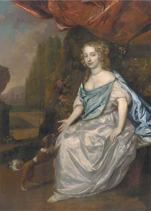 Jan Mijtens - Portrait of A Lady, Full-Length, In A White Satin Dress And Blue Wrap, Seated In A Garden With A Spaniel Nearby