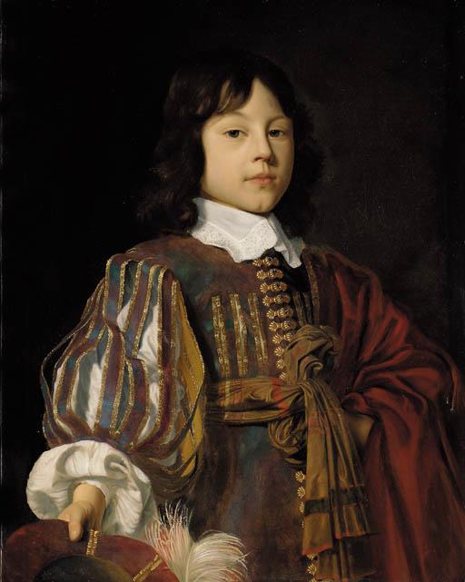 Jan Mijtens - Portrait of a young gentleman, half-length, in a burgundy doublet with slashed sleeves and a sash, a feathered cap in his right hand
