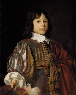 Jan Mijtens - Portrait of a young gentleman, half-length, in a burgundy doublet with slashed sleeves and a sash, a feathered cap in his right hand