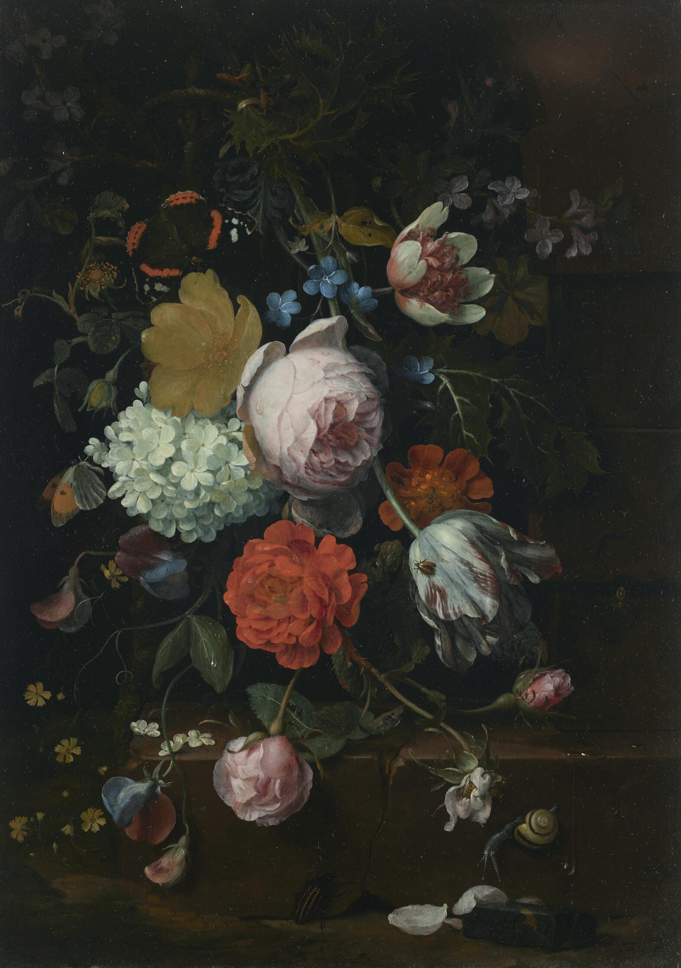 Jan Mortel - A bouquet of peonies, tulips, roses and other flowers on a ledge, with butterflies, a snail and a beetle