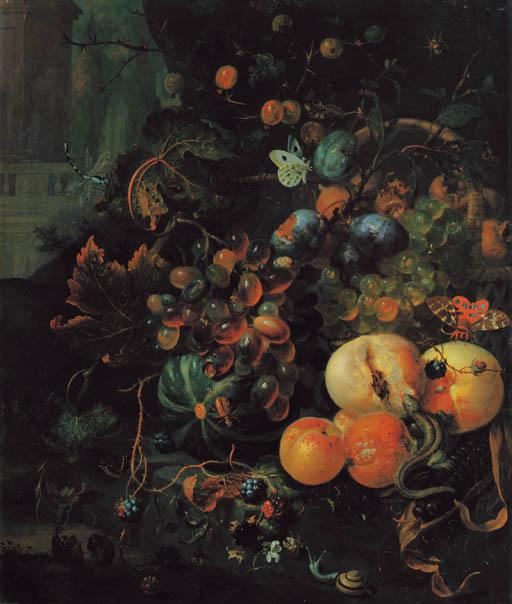 Jan Mortel - A forest floor still life with peaches, plums, grapes on the vine and other fruits, with a lizard, a snail, butterflies and other insects