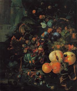 Jan Mortel - A forest floor still life with peaches, plums, grapes on the vine and other fruits, with a lizard, a snail, butterflies and other insects