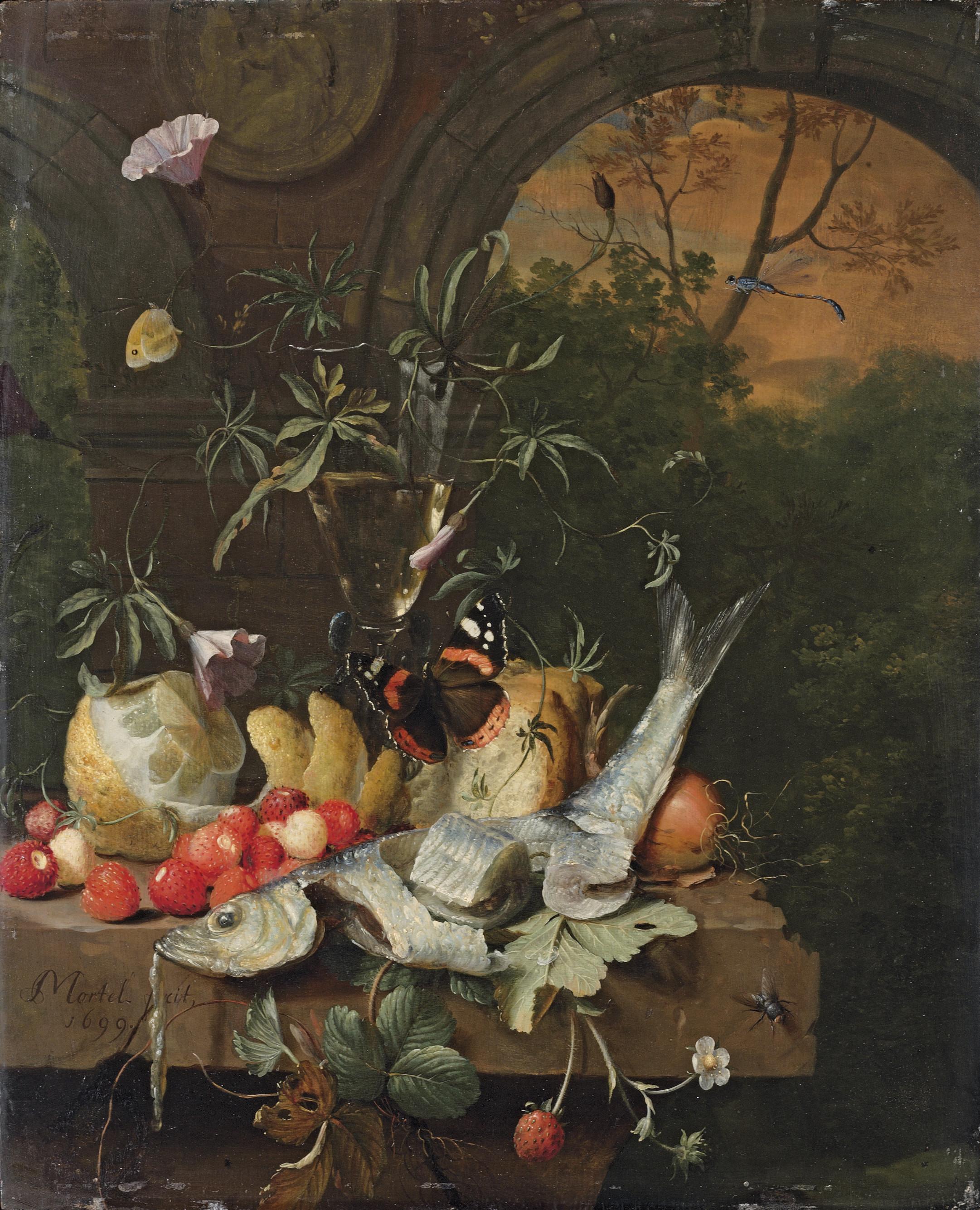 Jan Mortel - A sliced herring, strawberries, a peeled lemon, bread, an onion and a wineglass, with a butterfly, a moth, a fly and a dragonfly on a stone ledge in an arcade, a forest landscape beyond