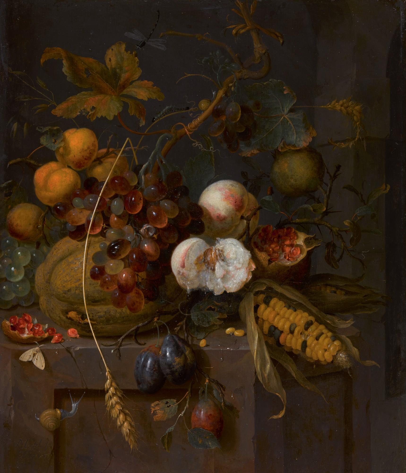 Jan Mortel - A Still Life Of Corn, Pomegranates, Peaches, Apricots, Prunes, Grapes And A Squash On A Ledge