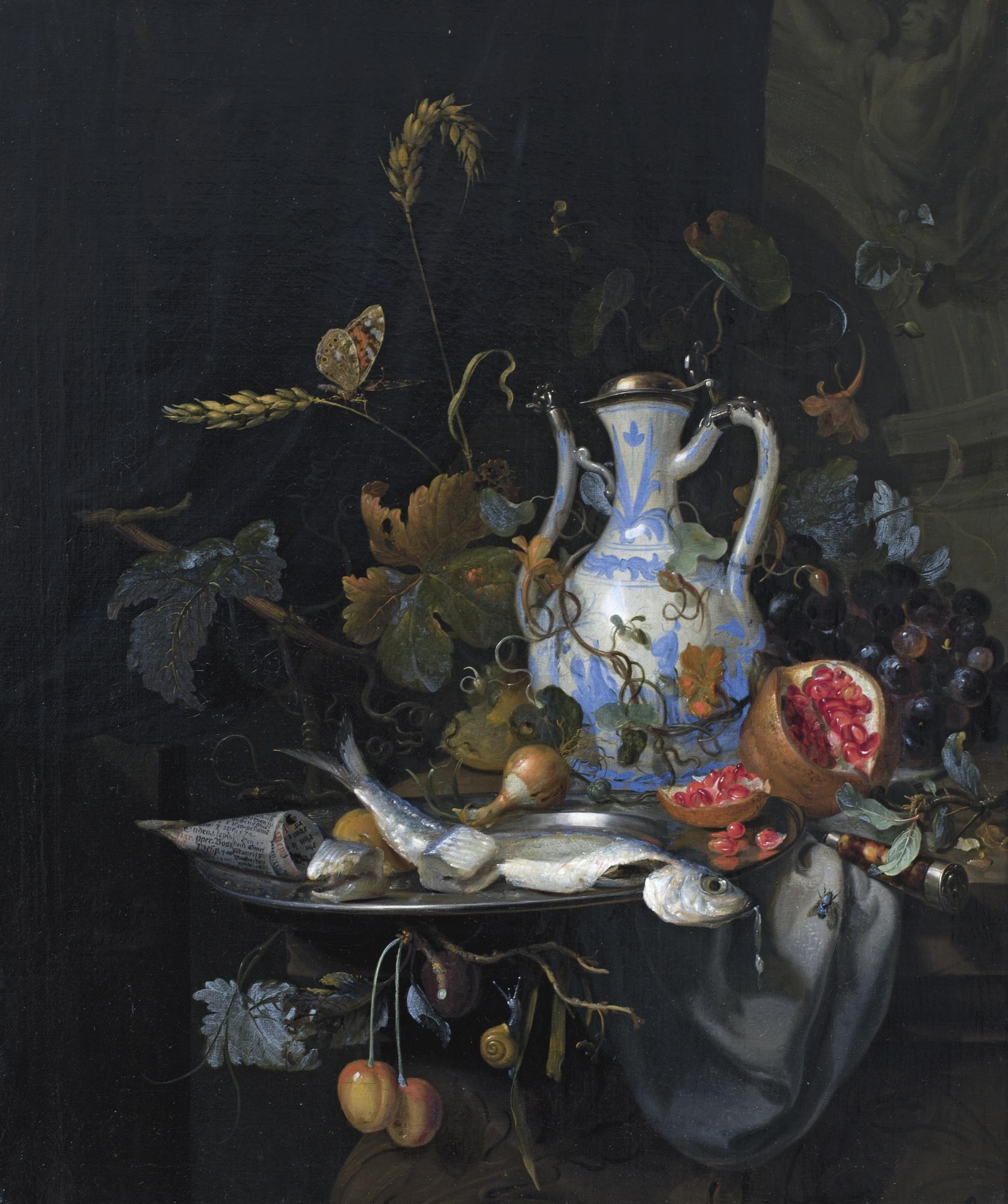 Jan Mortel - A Still Life With A Chinese Porcelain Jug, A Pewter Plate With A Herring, A Pomegranate, A Knife, An Onion, Grapes And Cherries, Together With A Snail And A Butterfly, All On A Stone Table Draped With A Grey Cloth
