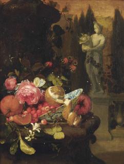 Jan Mortel - An orange, roses, partially peeled lemon, strawberries in a Wanli \'kraak\' porcelain plate with butterflies on a stone ledge, before a sculpted urn, a statue of Fortuna in a garden beyond