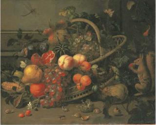 Jan Mortel - Apricots, peaches, plums, a pomegranate, a watermelon, an orange, a pear and corn in a basket, with cherries, chestnuts, snails, a bee, a squirrel and a dragonfly