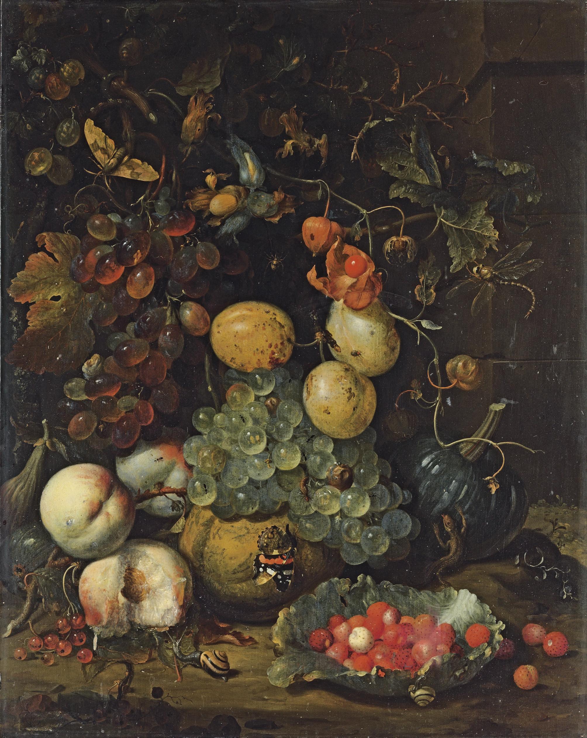Jan Mortel - Figs, Plums, Grapes, Peaches, Redcurrants And A Pumpkin, With A Lettuce Leaf Filled With Wild Strawberries, A Newt, A Butterfly, Ants And Snails On A Ledge