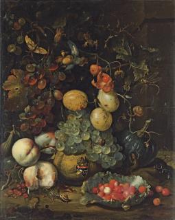 Jan Mortel - Figs, Plums, Grapes, Peaches, Redcurrants And A Pumpkin, With A Lettuce Leaf Filled With Wild Strawberries, A Newt, A Butterfly, Ants And Snails On A Ledge