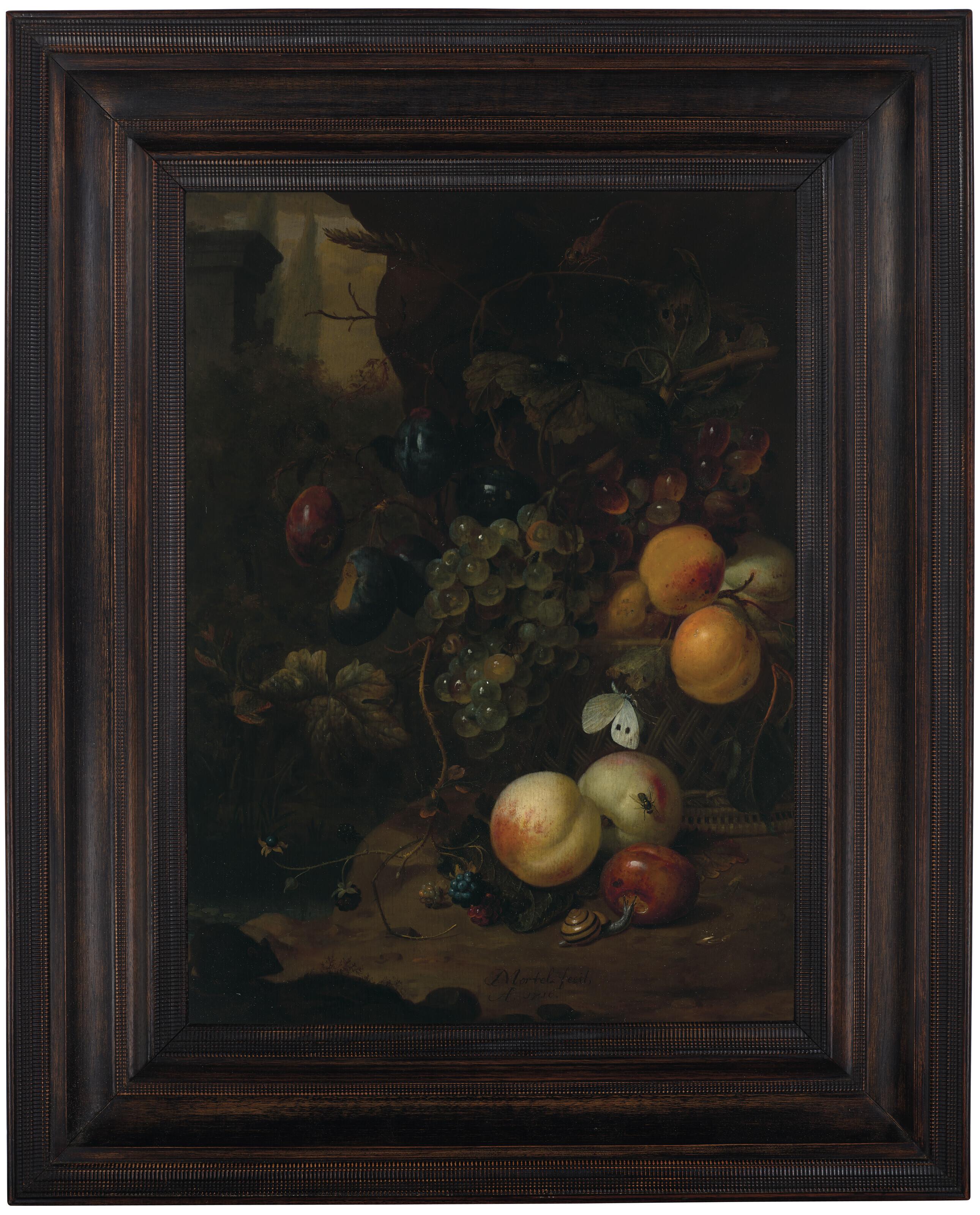 Jan Mortel - Fruit In A Wicker Basket, With A Snail, A Dragonfly And A Mouse, On A Rock, A Landscape Beyond