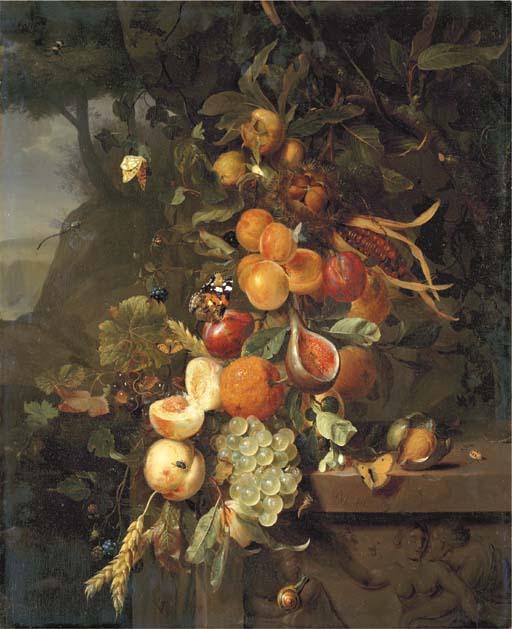 Jan Mortel - Peaches, Apricots, Grapes, Oranges, Blackberries, Sheafs of Corn And A Pomegranate On A Plinth With A Sculpted Relief, With Butterflies, A Snail And A Ladybird, In A Mountainous Landscape