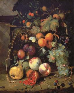 Jan Mortel - Peaches, plums, apricots, grapes, pears, blackberries, sheafs of corn, chestnuts, walnuts, medlars, cherries and a pomegranate with a snail, a butterfly, a grasshopper and a caterpillar by a plinth