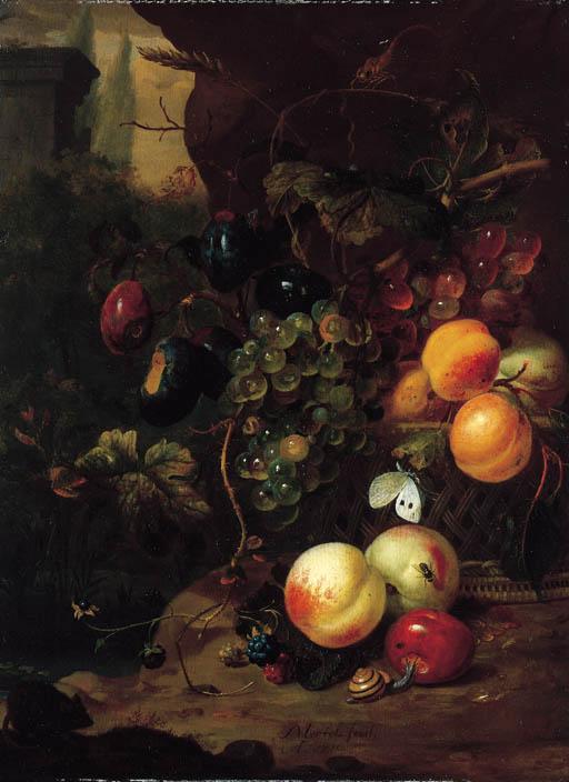 Jan Mortel - Peaches, plums, grapes on the vine and other fruit in a basket, with a snail, a dragonfly and a mouse, by a rock