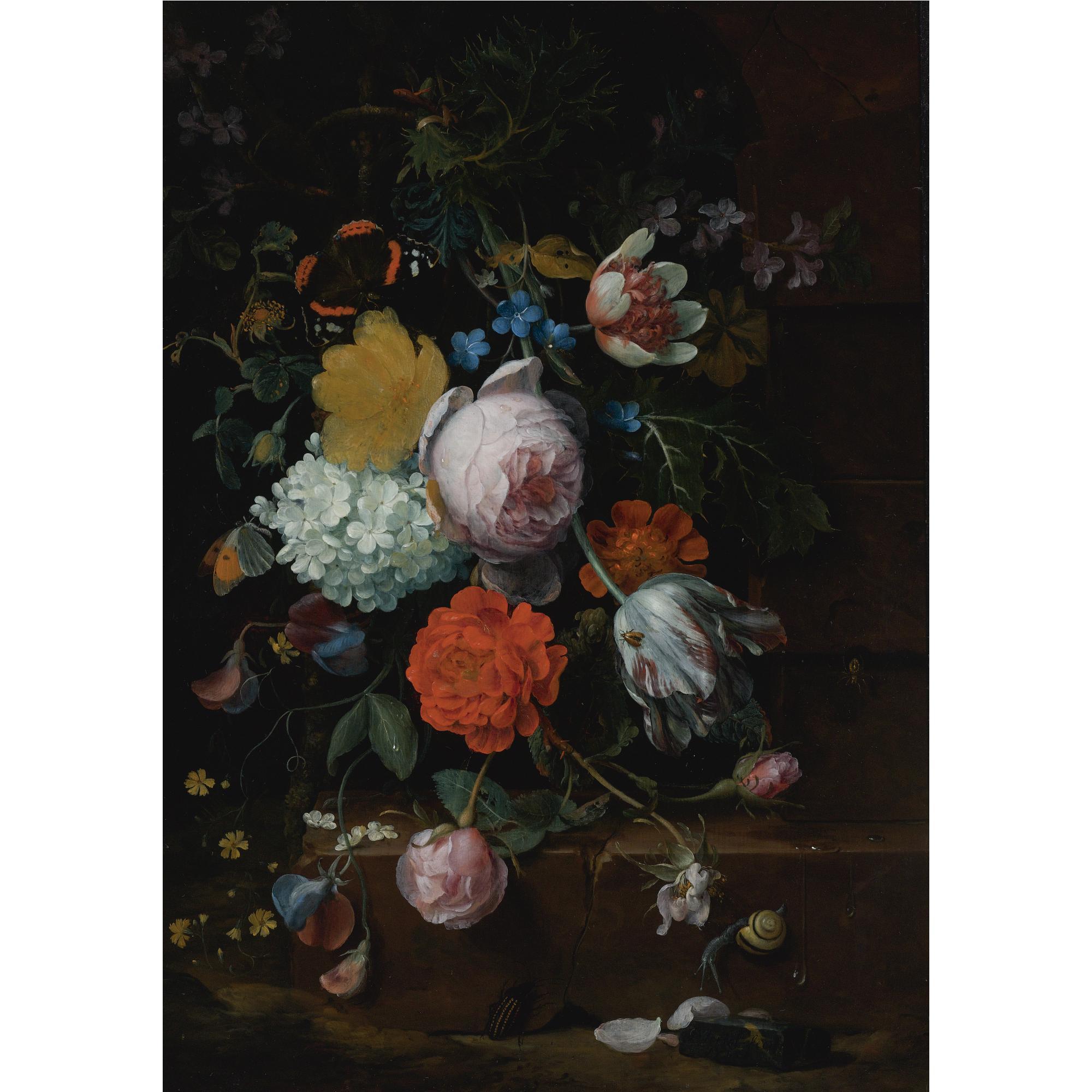 Jan Mortel - Peonies, Tulips, Roses And Other Flowers On A Ledge With Two Butterflies, A Beetle, A Snail, And A Spider