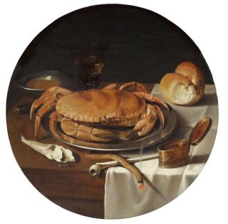 Jan Olis - A crab, a bread roll, a roemer, a pipe and a taper on a partially draped table
