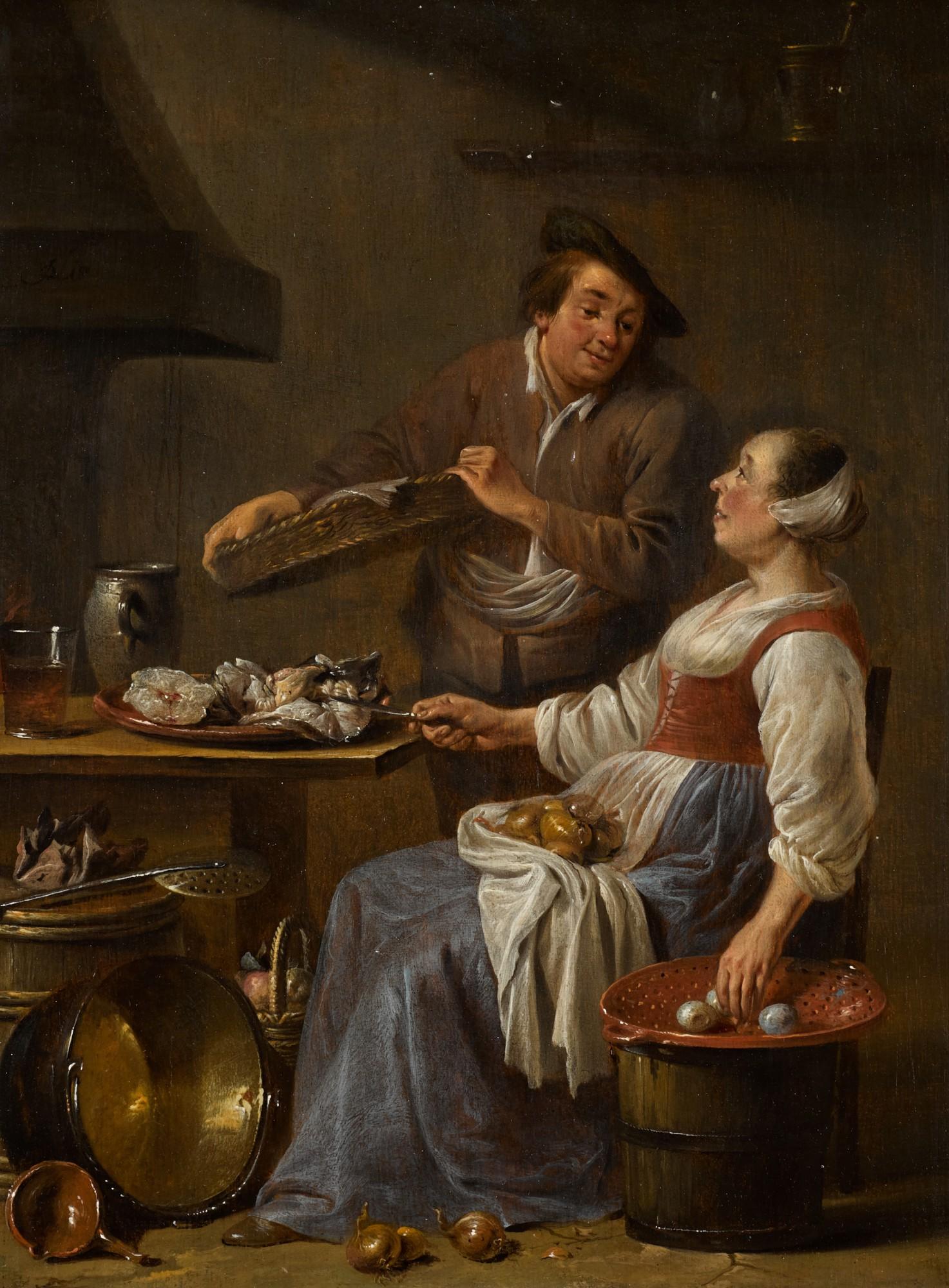 Jan Olis - A Kitchen Maid And A Fishmonger In An Interior