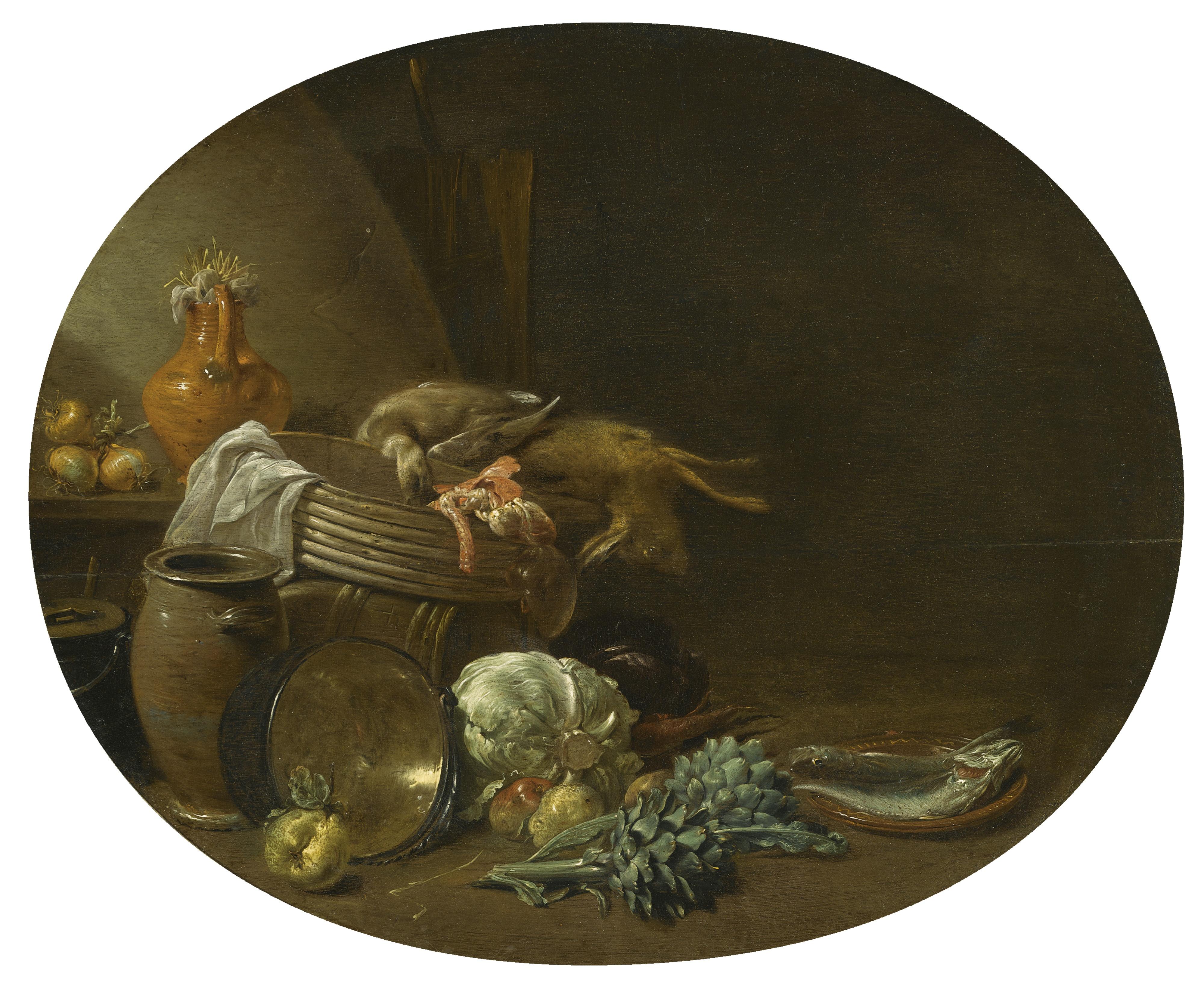 Jan Olis - A Kitchen Still Life Of A Hare, A Mallard, Artichokes, Cabbage, Pears, A Fish On An Earthenware Platter, And Pots And Pans