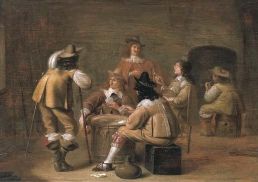 Jan Olis - Militiamen smoking and playing cards in an interior
