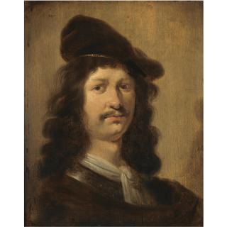 Jan Olis - Portrait Of A Young Man With A Beret, Head And Shoulders, Wearing A Brown Costume With A White Chemise And A Gorget 