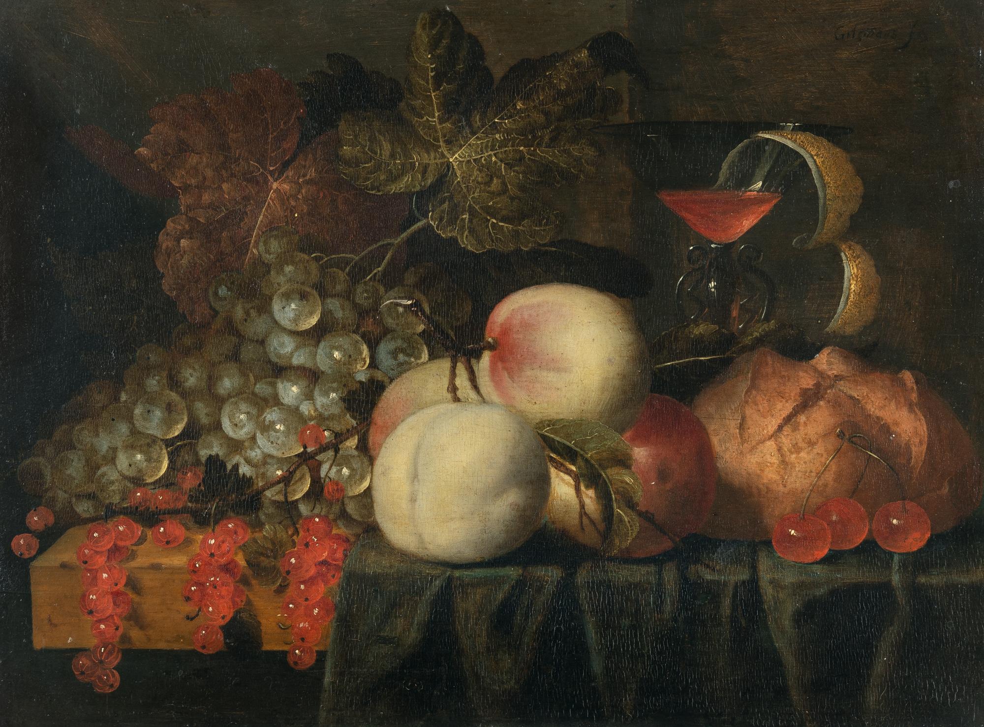 Jan Pauwel Gillemans d. Ä. - Stillleben mit Früchten, einem Rotweinglas und einem Laib Brot
