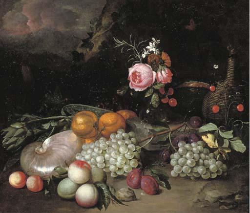 Jan Pauwel Gillemans I - A Nautilus Shell, An Artichoke, Oranges, Peaches, Grapes, A Vase With Flowers, Plums And A Bottle In A Landscape