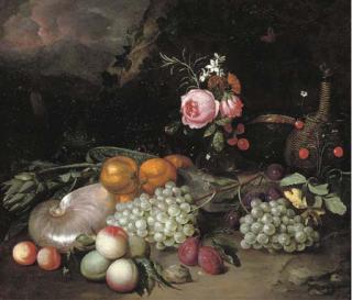 Jan Pauwel Gillemans I - A Nautilus Shell, An Artichoke, Oranges, Peaches, Grapes, A Vase With Flowers, Plums And A Bottle In A Landscape