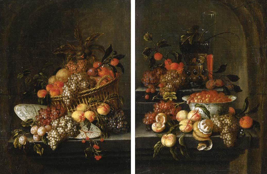 Jan Pauwel Gillemans II - Grapes, peaches, oranges and other fruit in a basket, with grapes, plums, a wan-li dish, fraises-de bois in a klapmuts, a peeled lemon, grapes and a giant roemer on stone ledges in niches