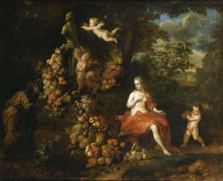 Jan Pauwel Gillemans II - Vertumnus and Pomona, putti decorating a statue of Pan with a swag of fruit, in a landscape