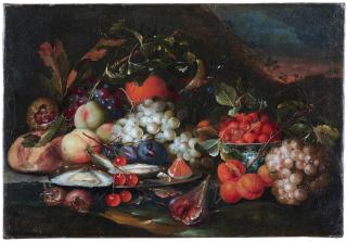 Jan Pauwel Gillemans The Elder - A Pewter Dish Of Oysters And Fruit Surrounded By Grapes, Figs And Strawberries In A Landscape