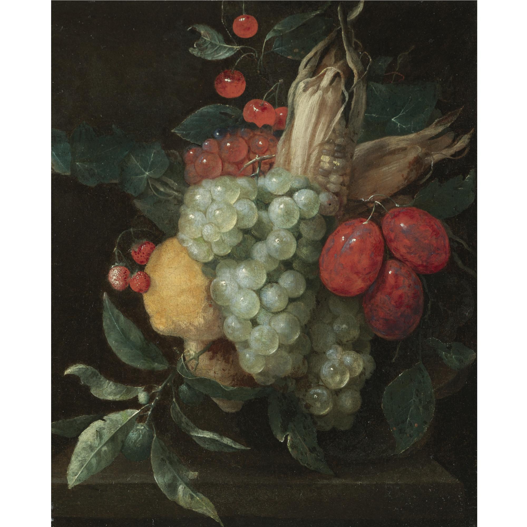 Jan Pauwel Gillemans the Elder - A Still Life With A Festoon Of Grapes, Plums, Lemons, Cherries, Wild Strawberries And A Corn On The Cob