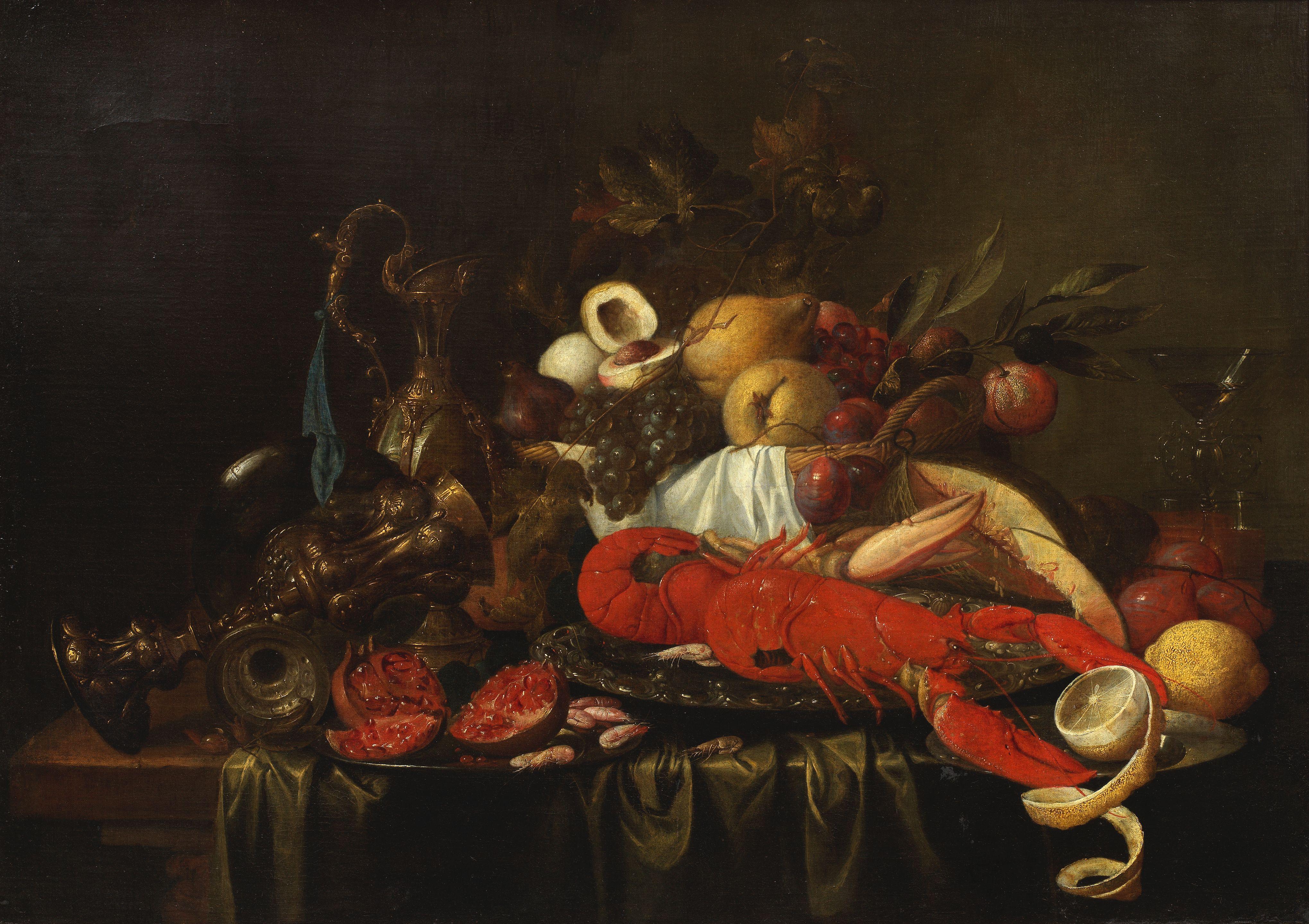 Jan Pauwel Gillemans the Elder - A still life with a lobster on a silver platter with fruit and silverware on a draped table; A still life with a silver tazza of fruit with a ham hock and a roemer of wine on a draped table (2)