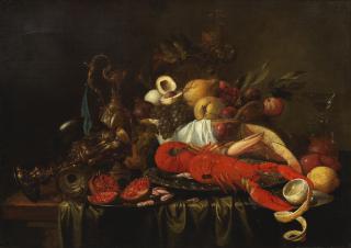 Jan Pauwel Gillemans the Elder - A still life with a lobster on a silver platter with fruit and silverware on a draped table; A still life with a silver tazza of fruit with a ham hock and a roemer of wine on a draped table (2)