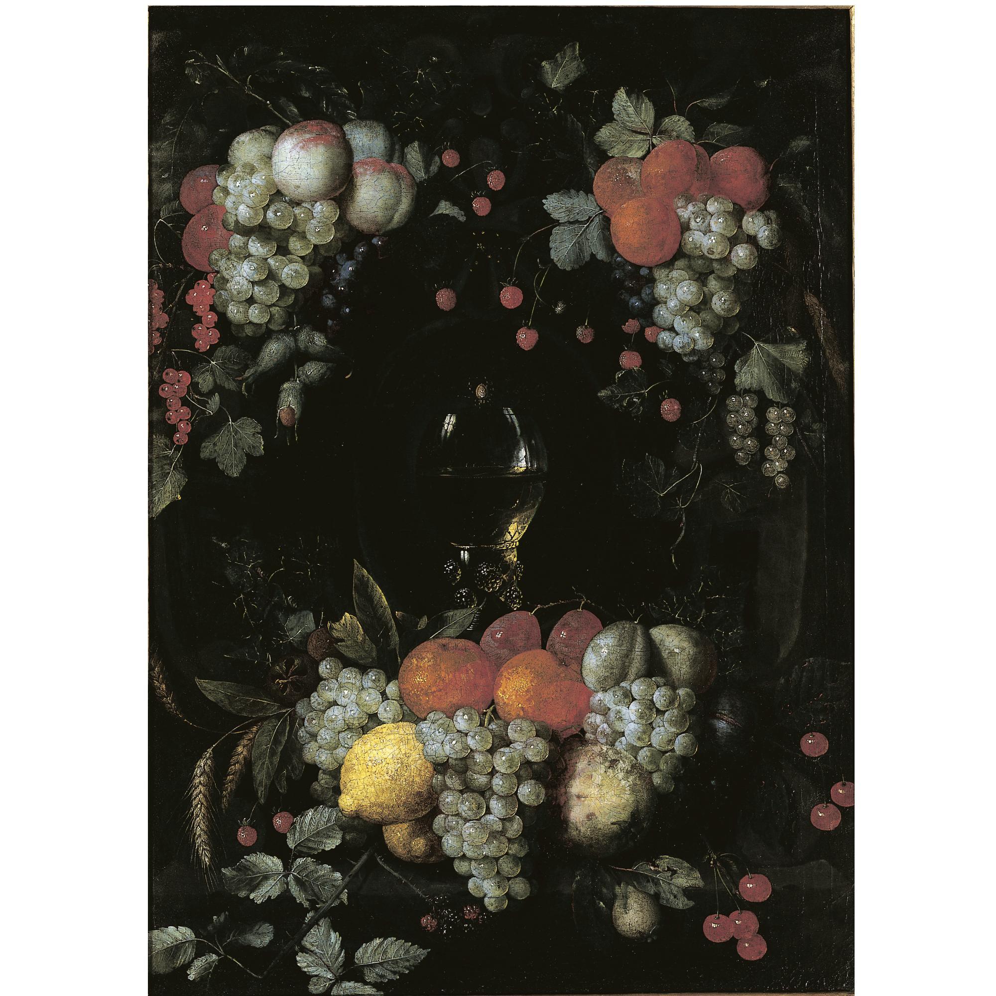 Jan Pauwel Gillemans the Elder - A Still Life With A Roemer, Oranges, Grapes, Plums, Lemons And Other Fruit In A Niche Surrounded By Garlands Of Fruit