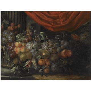 Jan Pauwel Gillemans the Younger - A Garland Of Blue And White Grapes, Peaches, Oranges, Lemons And Prunes, Figs, Corn And Chestnuts, In A Landscape Near A Classical Column