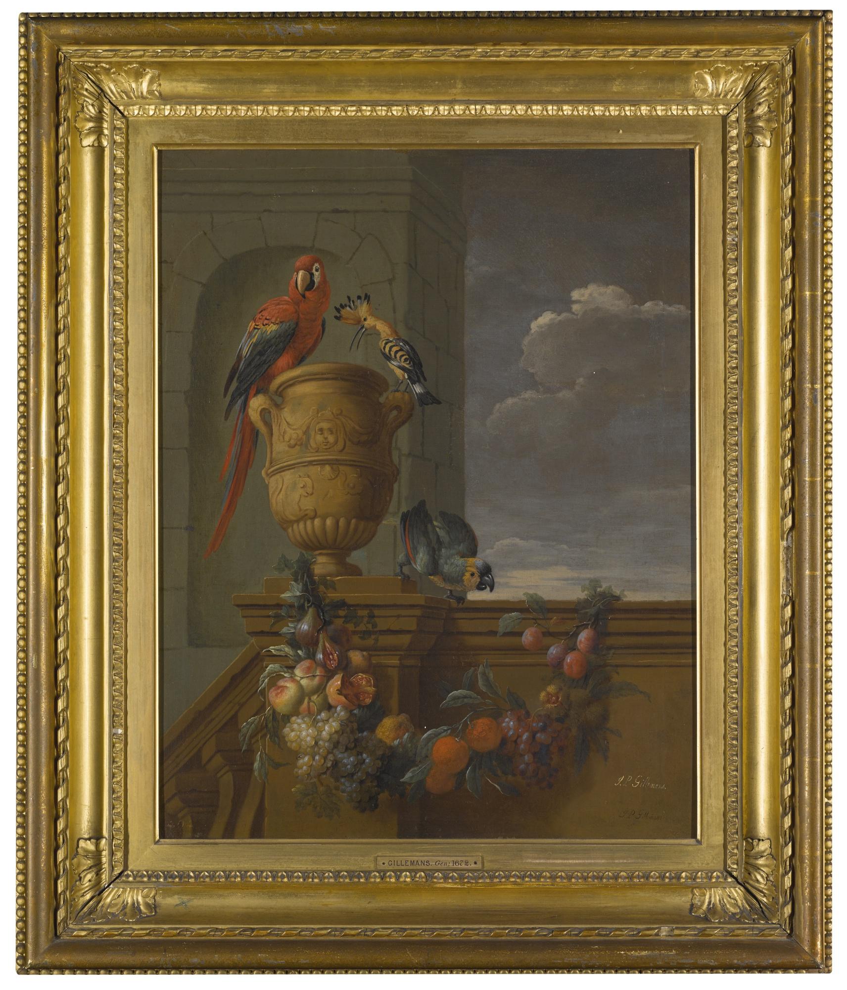 Jan Pauwel Gillemans The Younger - A Macaw And A Hoopoe Perched On A Stone Urn With A Parrot On The Balustrade From Which Hangs A Swag Of Fruit
