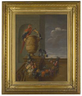 Jan Pauwel Gillemans The Younger - A Macaw And A Hoopoe Perched On A Stone Urn With A Parrot On The Balustrade From Which Hangs A Swag Of Fruit