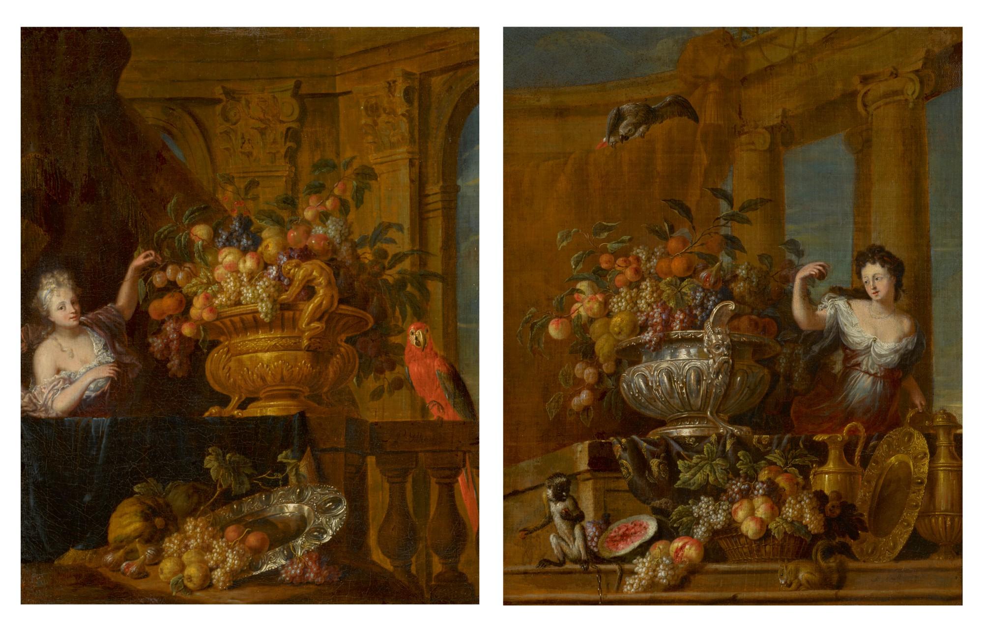 Jan Pauwel Gillemans The Younger - A Pair Of Fruit Still Lifes In Silver Bowls In Classical Settings: A Lady With A Parrot; And A Lady With A Monkey